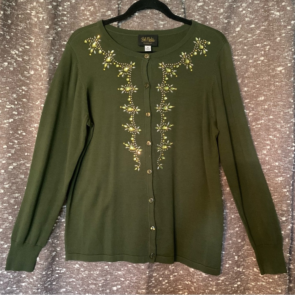 Vintage Bob Mackie Bedazzled Beaded Green Sweater Size Medium Like New Condition